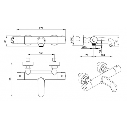 Смеситель для ванны AQUATEK Вега AQ1043CR термостатический хром